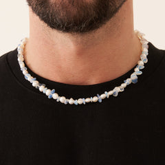 Blue Quartz Real Pearl Necklace (Silver)
